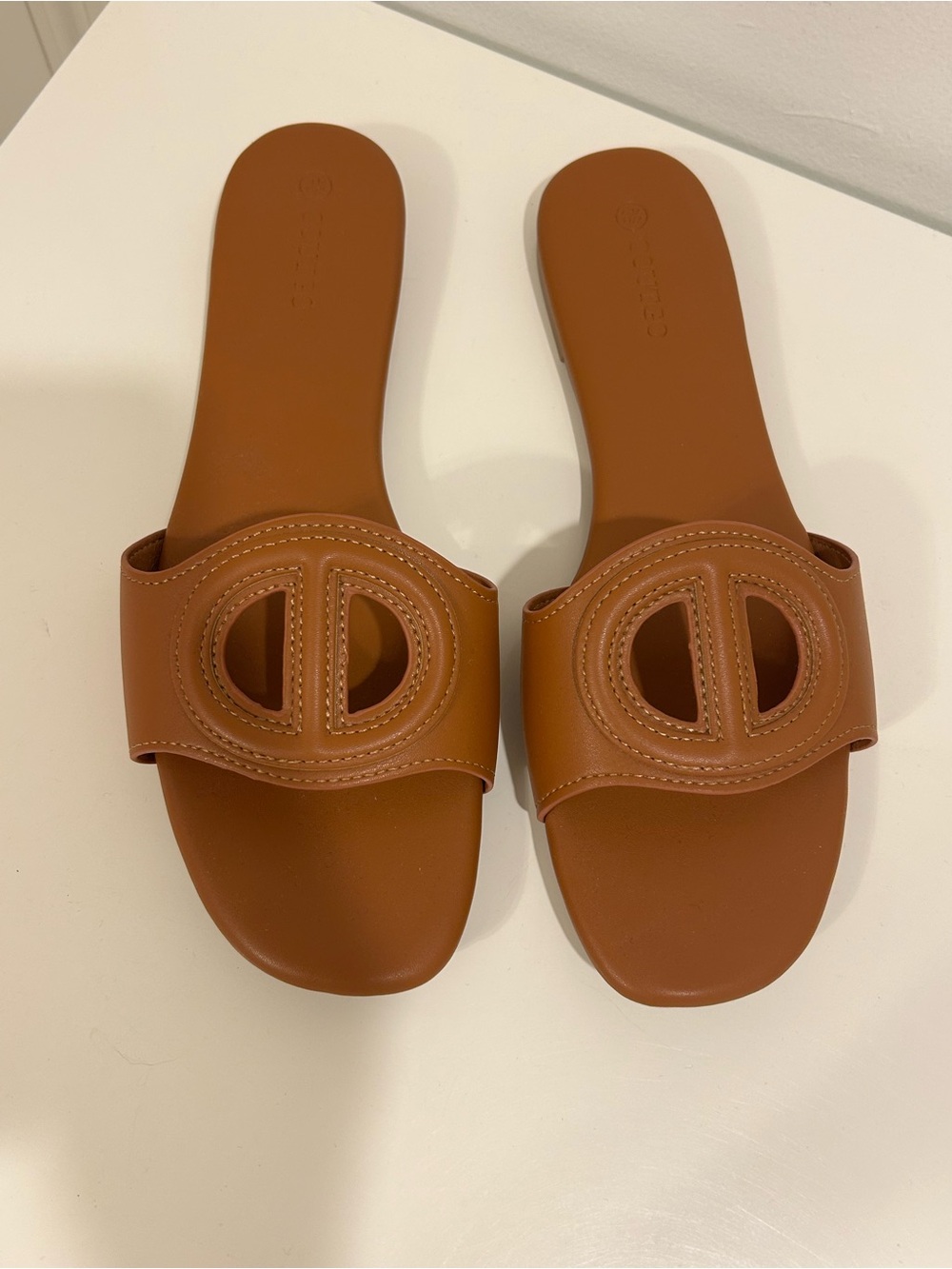 Women's Cognac Slide Sandals with Signature Cutout Strap